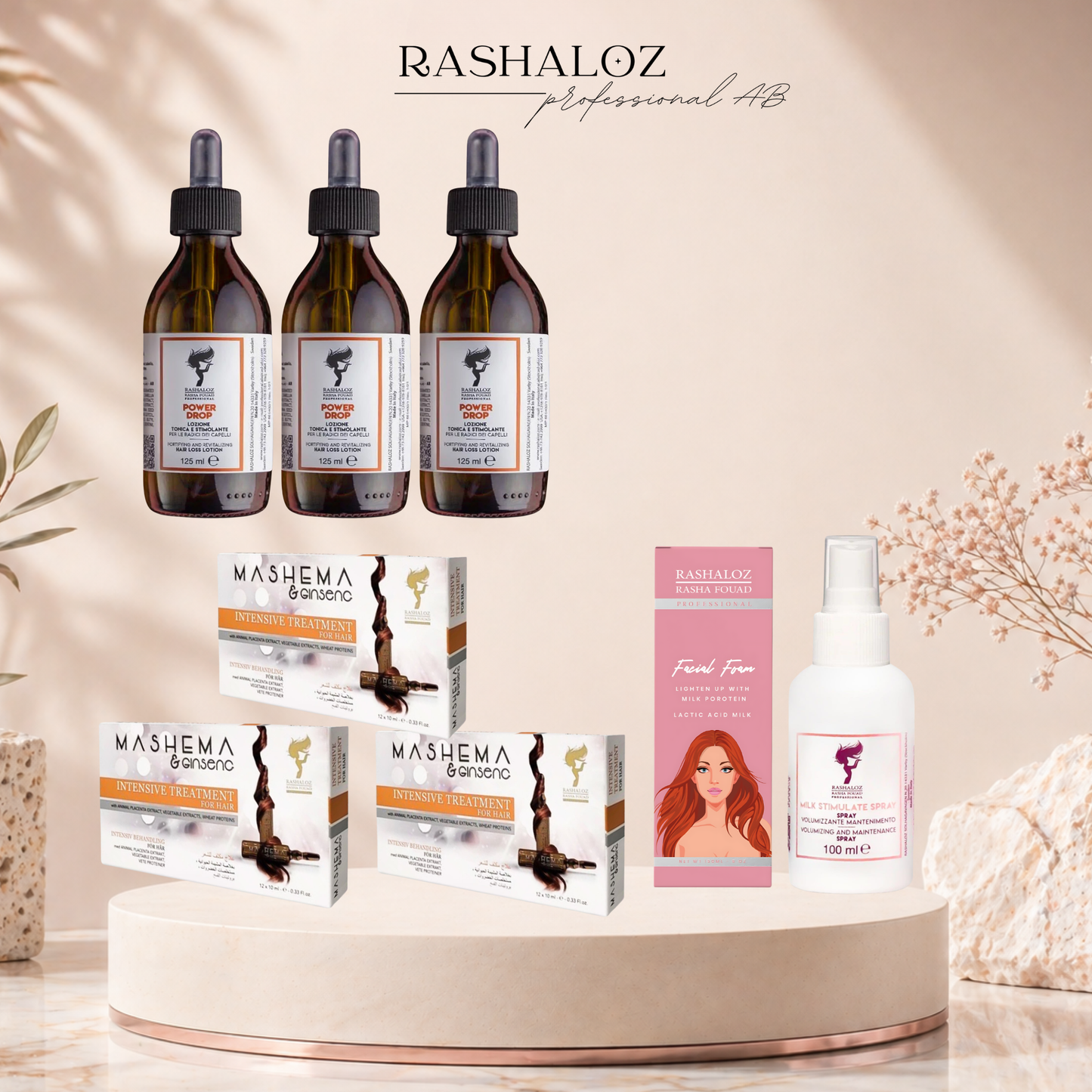 3× Mashema Ampoules • 3× Power Drop Serum 🎁 FREE: Milk Spray + Facial Foam