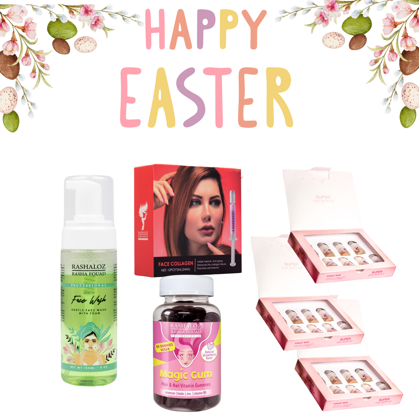 3x Magic Ampoules + 1 Face Collagen + 1 Magic Gum + 1 face foam