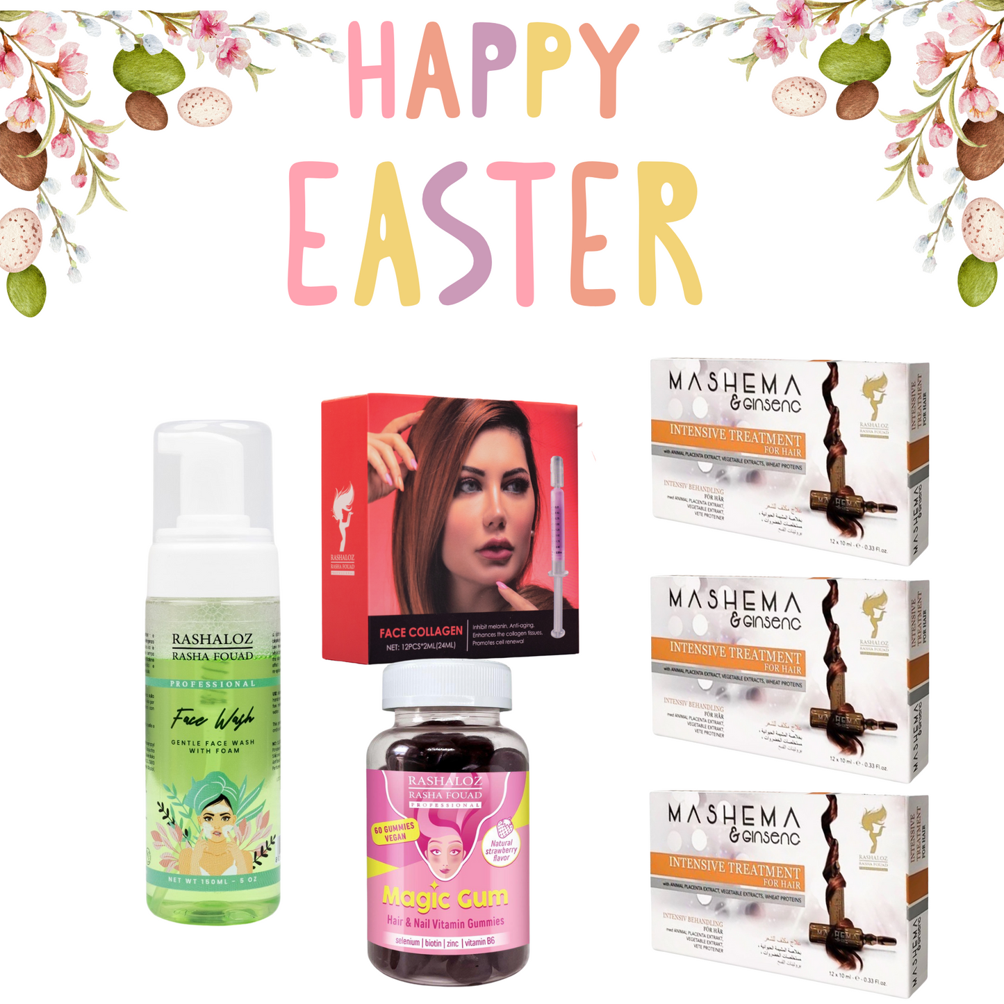 3x Mashema Ampoules + 1 Face Collagen + 1 Face Wash+1 Magic Gum