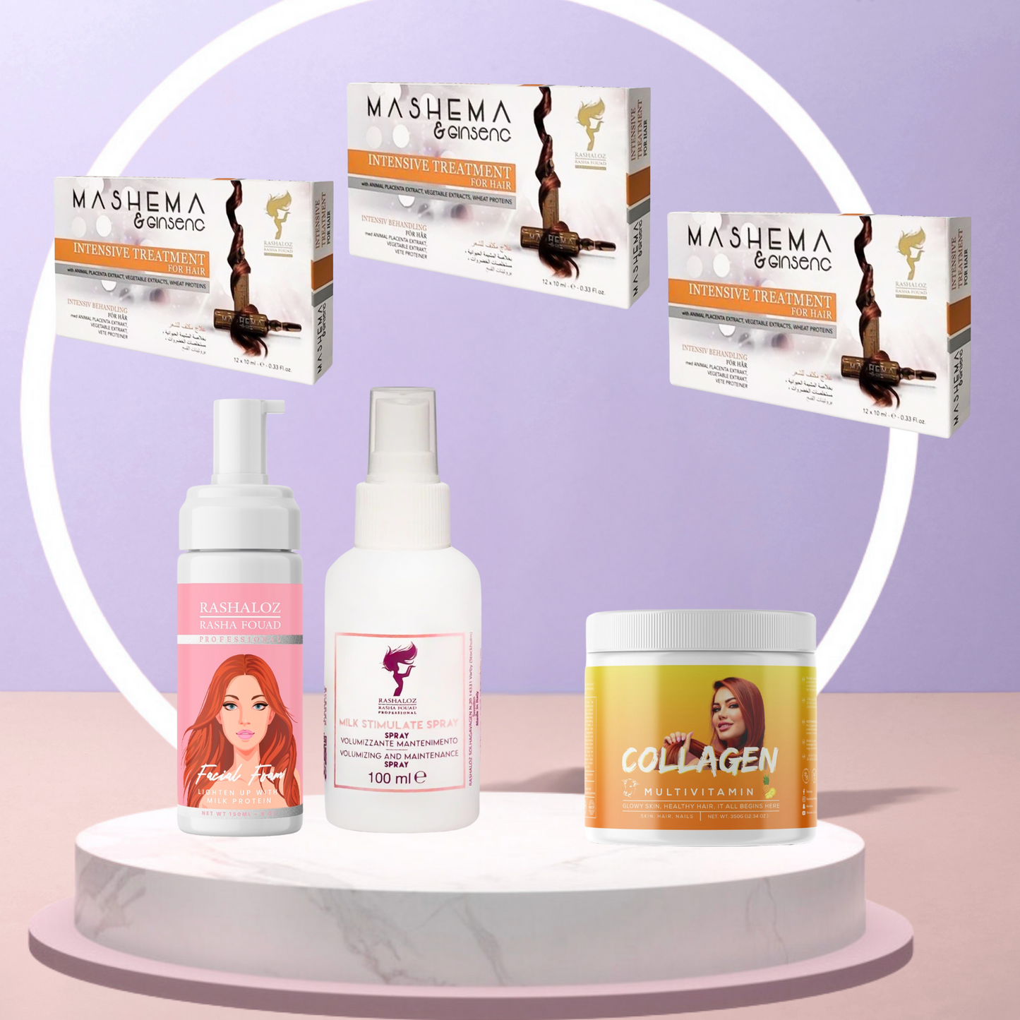 3 mashema + 1 Face foam + 1 Milk spray + 1 collagen drink