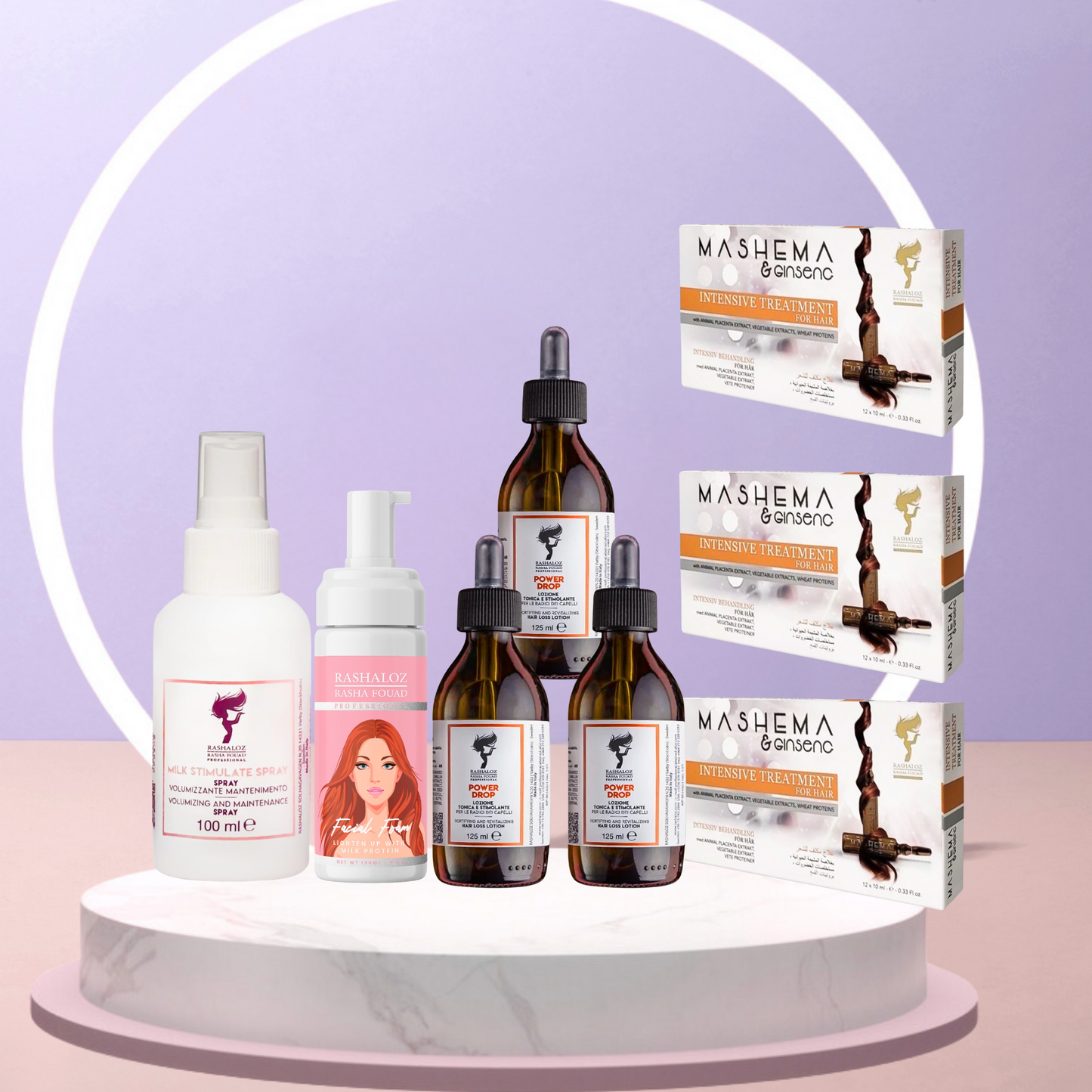 3 Boxes mashema + 3 power drops + 1 Face foam + 1 Milk spray