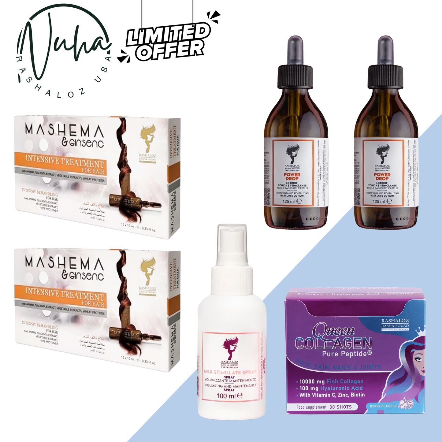 2 Power Drop + 2 Boxes Mashema & Ginseng Ampoules + 1 Box Face Collagen Shots + Free Milk Spray