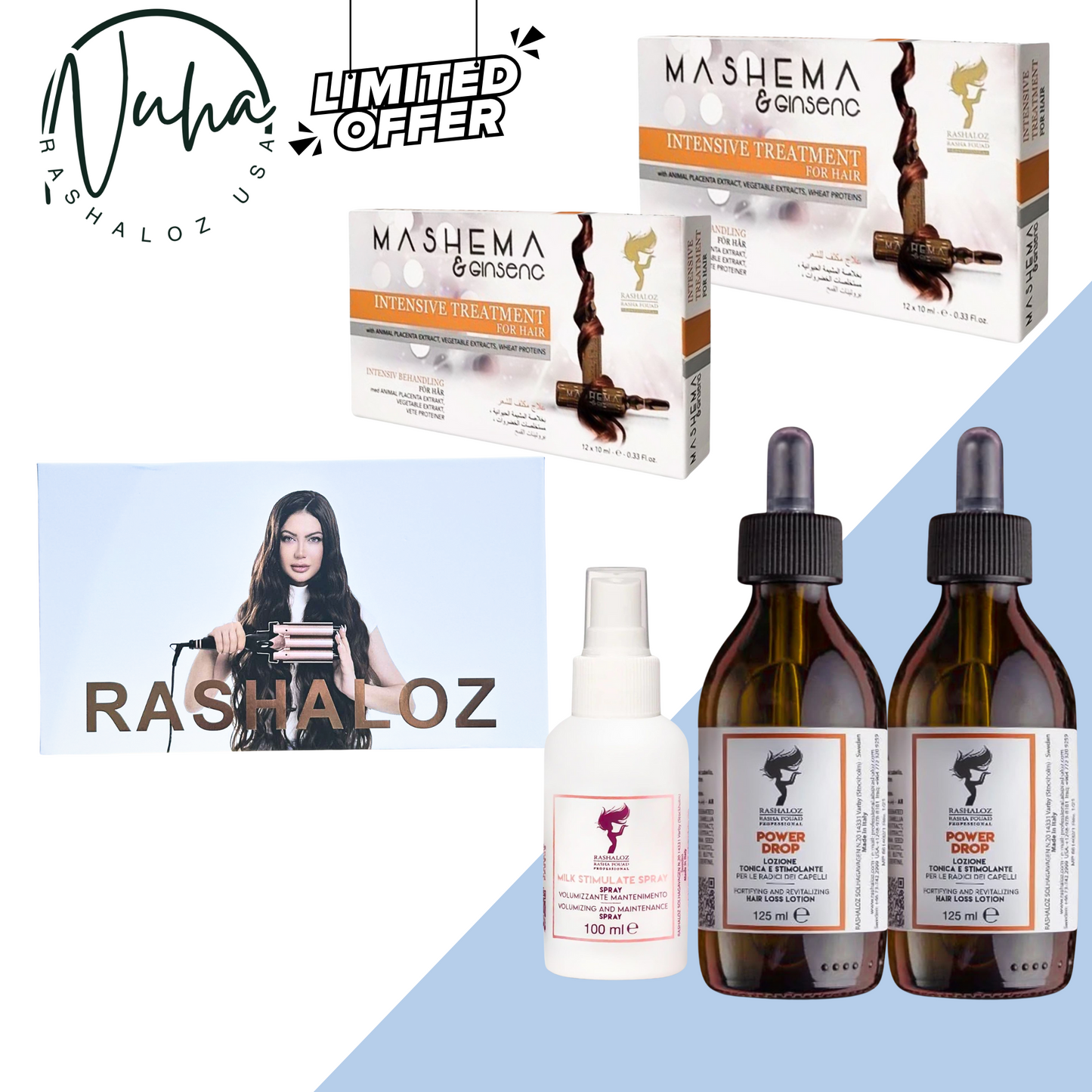 2 Power Drops + 2 Boxes Mashema Ampoules + Free Milk Spray + Free Hair Styler