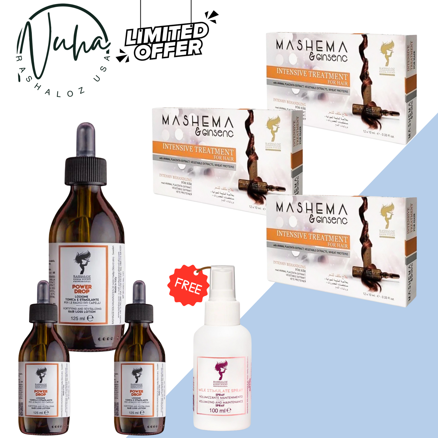 3 Power Drops + 3 Boxes Mashema & Ginseng Ampoules + Free Milk Spray