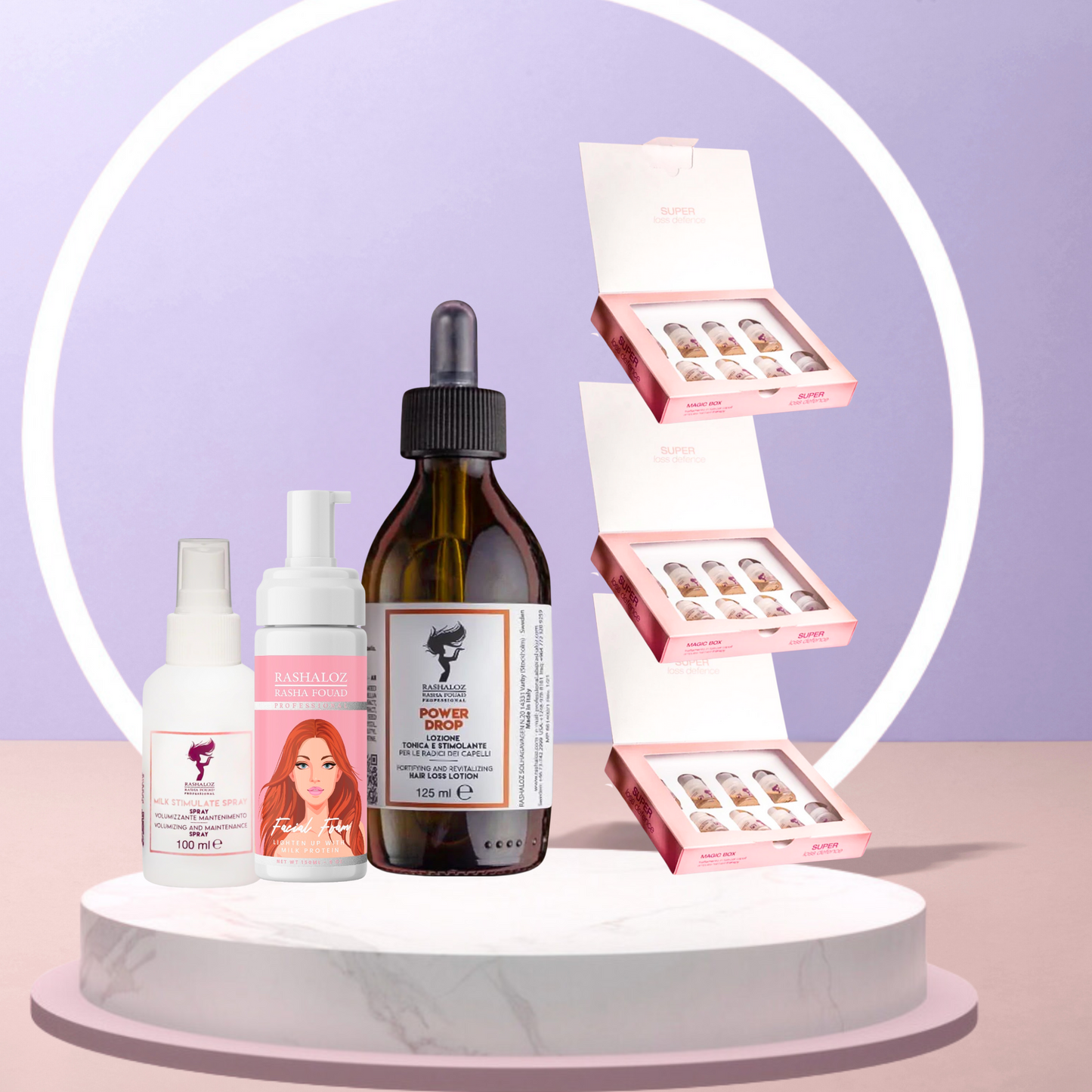 3 Lavender Ampules + 1 power drop + 1 Face foam + 1 Milk spray