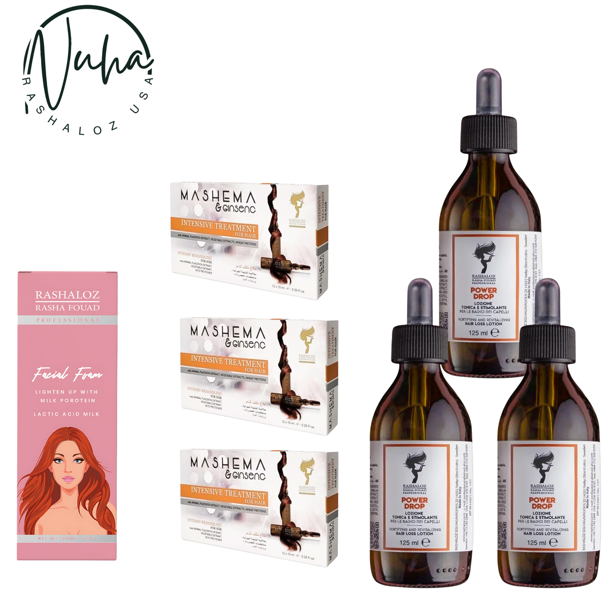 3× Mashema Ampoules • 3× Power Drop Serum • 1× Facial Foam