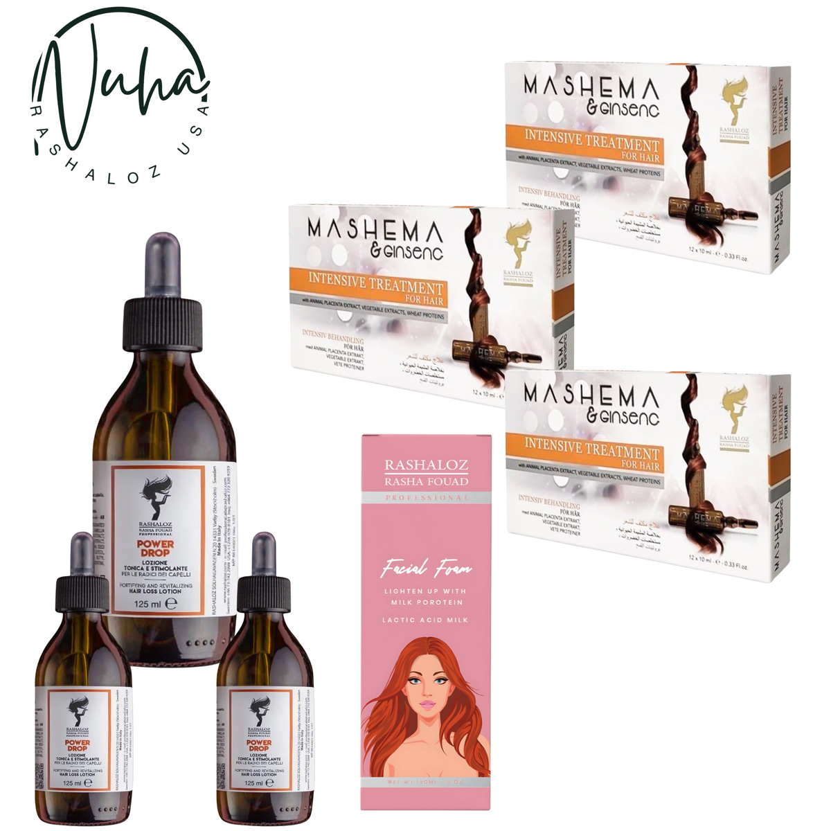3× Mashema Ampoules • 3× Power Drop Serum + Facial Foam