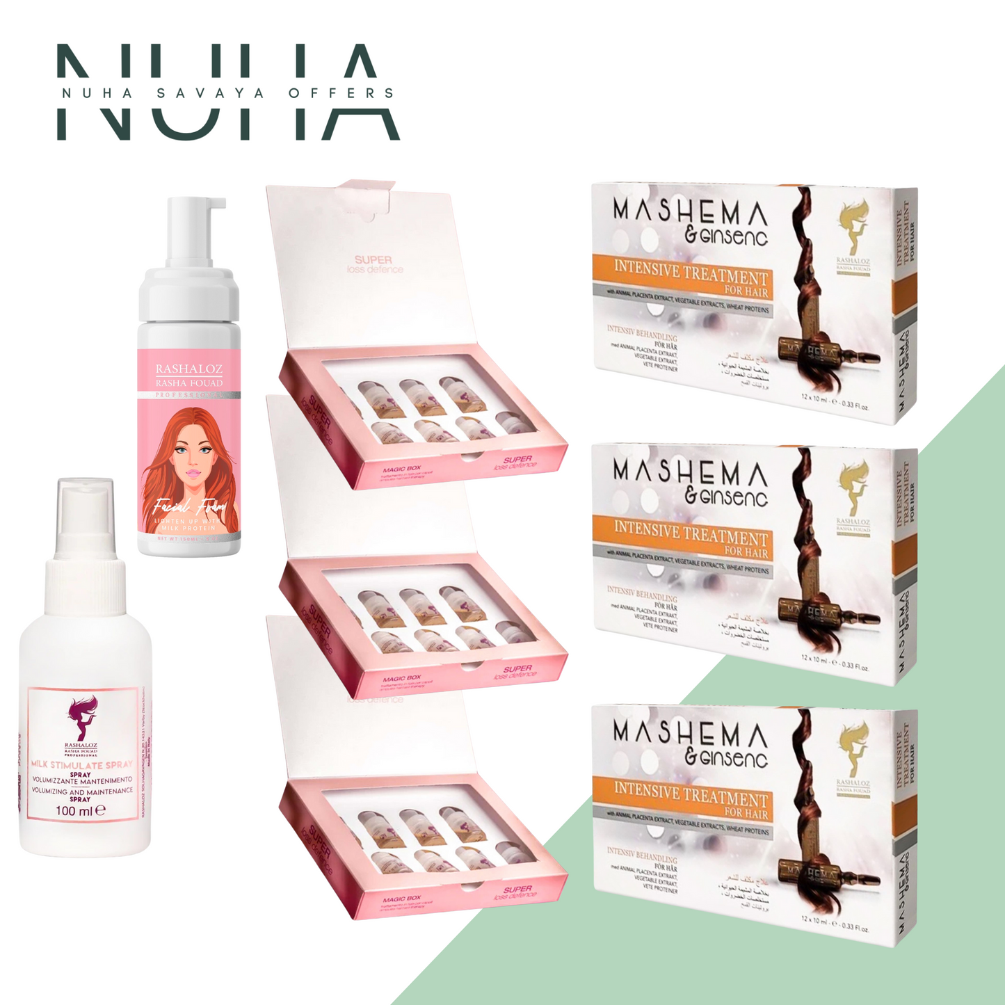 3 Mashema ampules + 3 Lavender ampules + 1 Face foam + 1 Milk spray