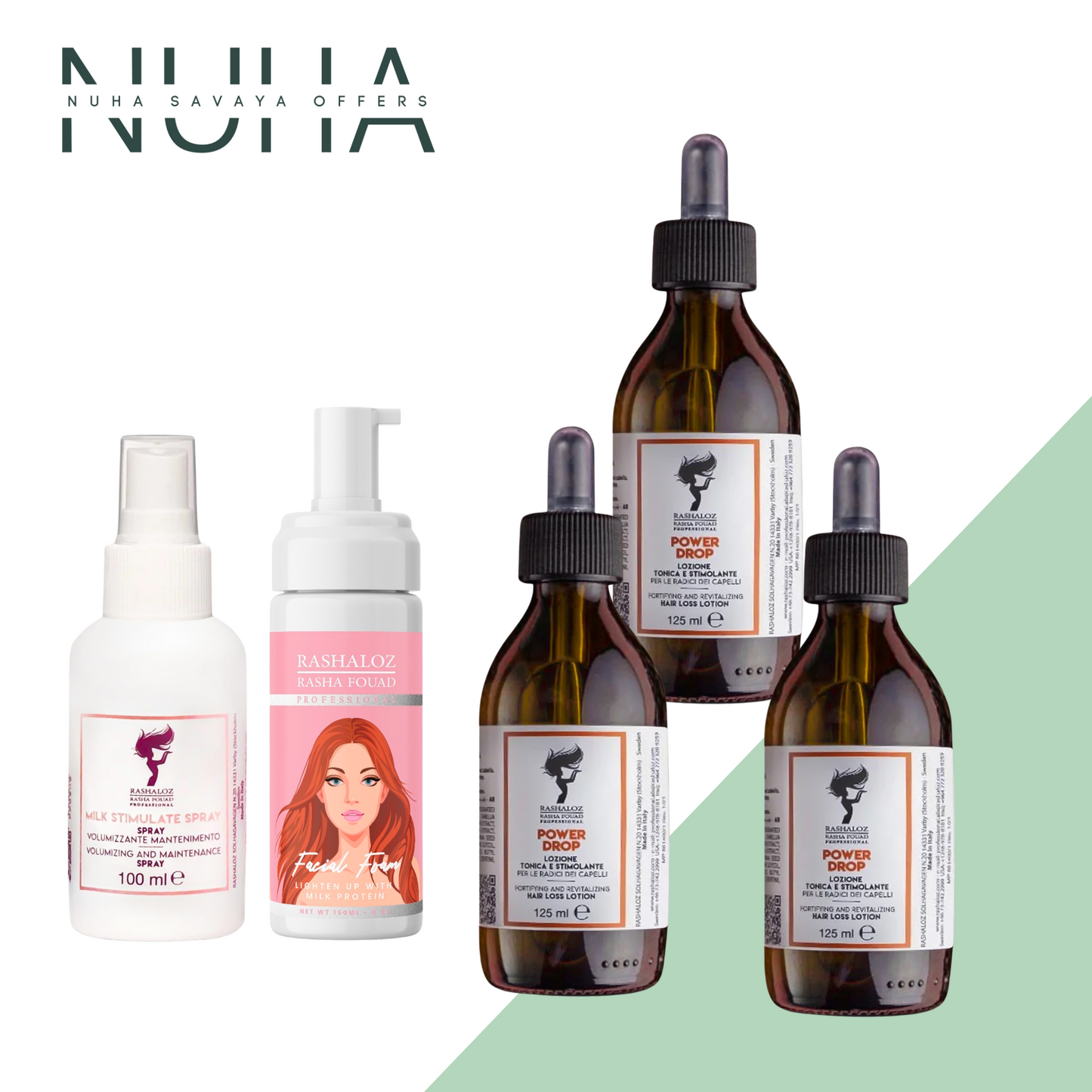 3 Power drops + 1 Face foam + 1 Milk spray