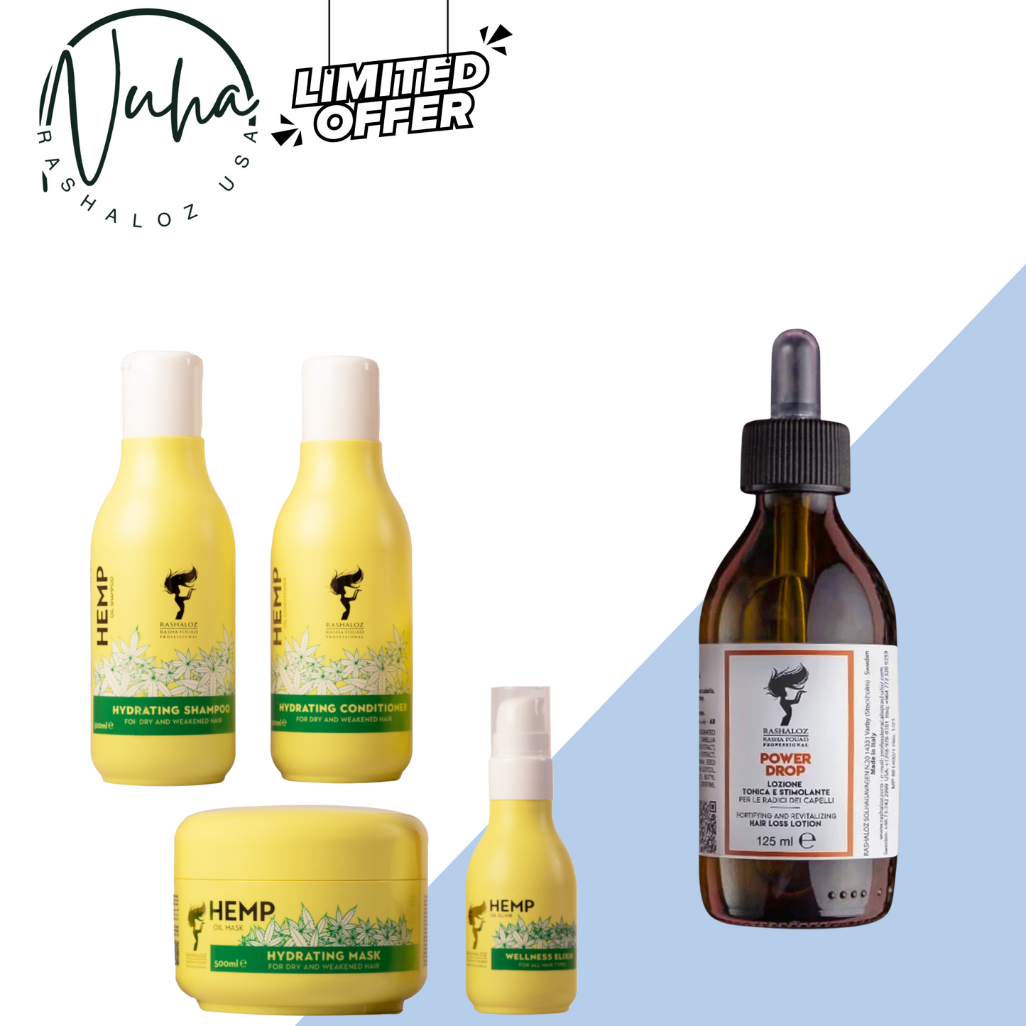 Hemp Hair Care Set (Shampoo, Conditioner, Mask, Serum) + 1 Power Drop