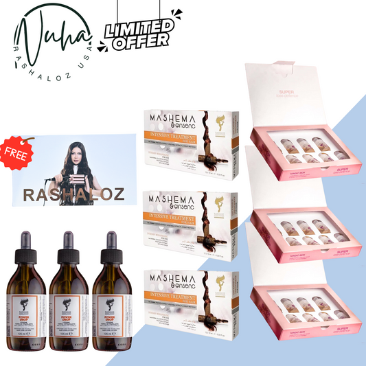 3 Boxes Mashema Ampoules + 3 Boxes Lavender Ampoules + 3 Power Drops + Free Hair Styler
